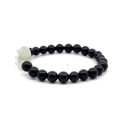 Natural Onyx Gemstones Stretch Bracelet and Carved Paw Jade with 18k Tiny Beads - Picture 4 of 6